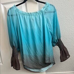 White House Black Market Blue and Brown Off-Shoulder Blouse